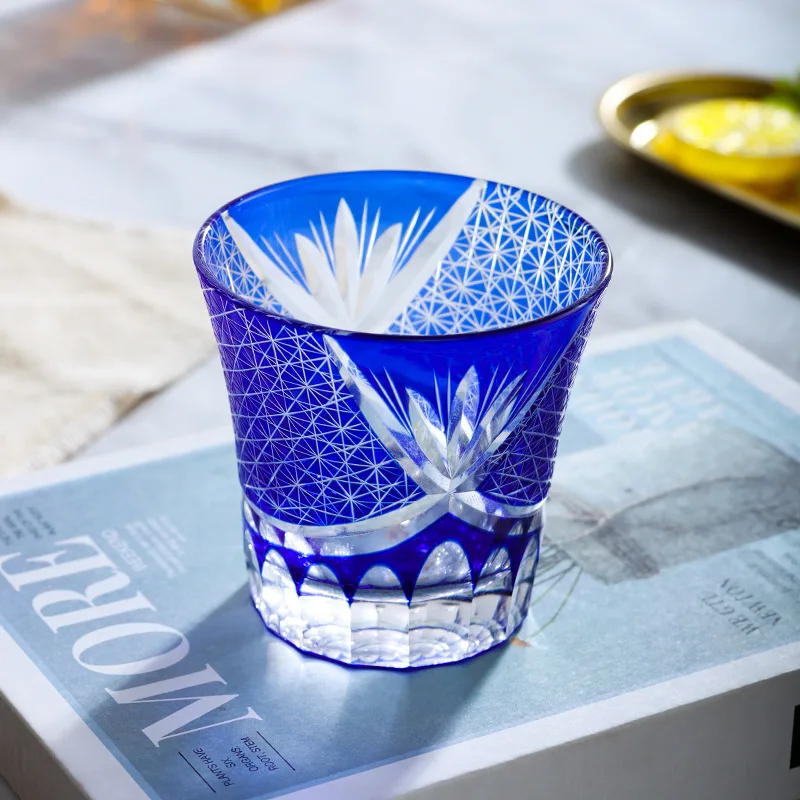 Hand Cut Colored Glasses Sake Glass Cup Embossed Handcraft Japanese Carving Whisky Set Shot Wine Double Wall Goblet Edo Kiriko