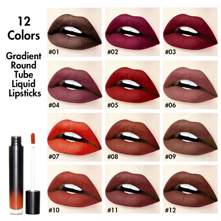 Low Moq Oem 12 Colors Gradient Round Tube Long Lasting Customized Logo Vegan Nude Liquid Private Label Matte Lip Stick Lipsticks