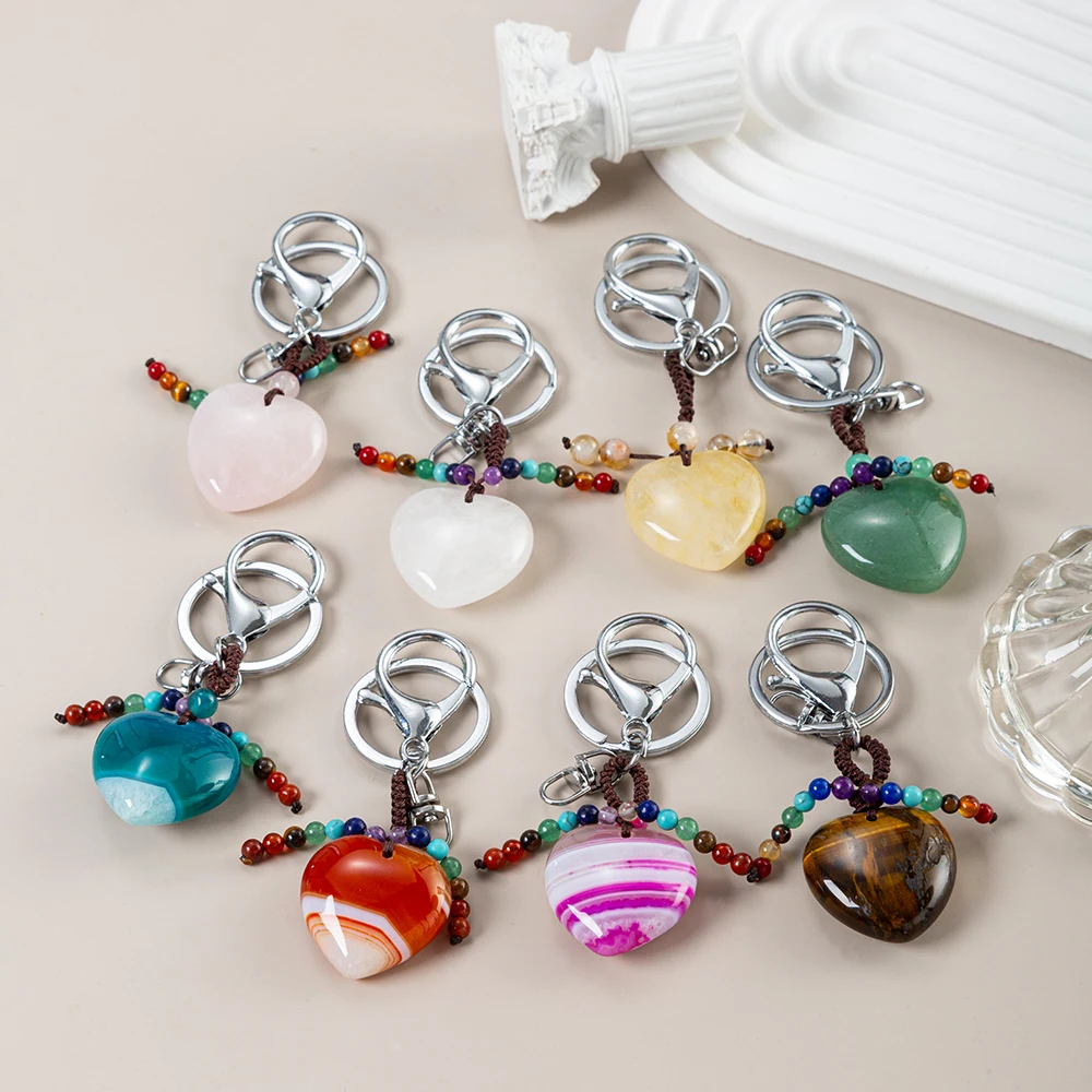 Healing 7 Chakra Crystal 30mm Heart Keychain Hand Braided Love Key Ring Bag Backpack Charm Car Key Pendant Friendship Gifts
