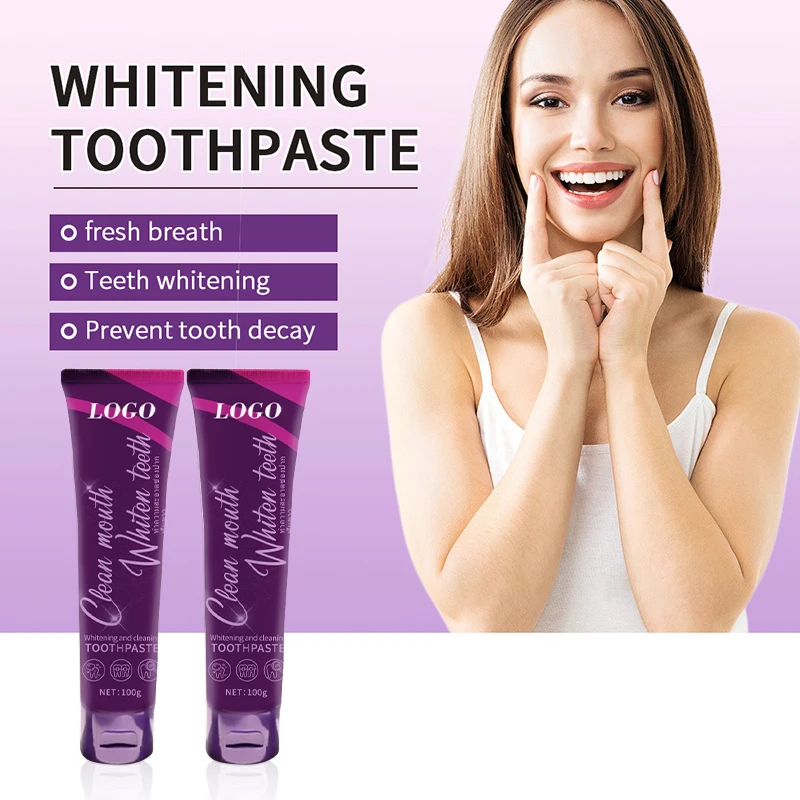 Private custom wholesale fresh breath clean mouth care gum organic toothpaste teeth whitening paste with purple tinges