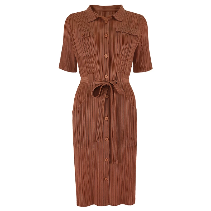 2021 Miyake European and American ladies high-end elegant fashion temperament plain short sleeve shirt large skirt wholesale