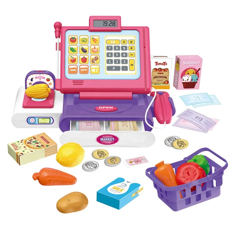 Pretend play supermarket toy cash register play set with microphone toy, light and sound