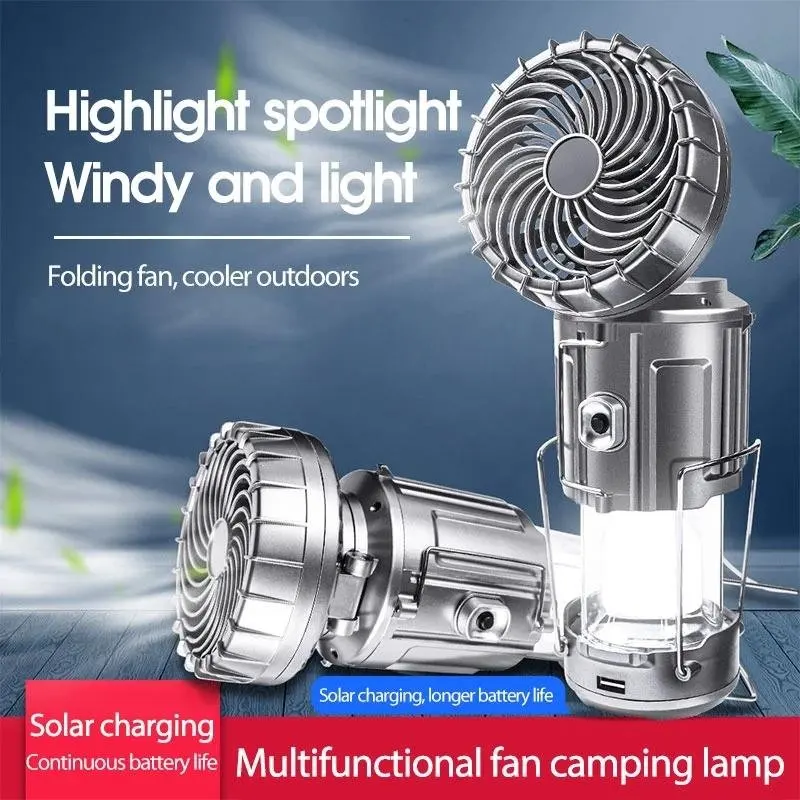  Rechargeable Solar Energy 6 in 1 Portable Outdoor LED Camping Lantern With Fan IPX5 Powered By Battery