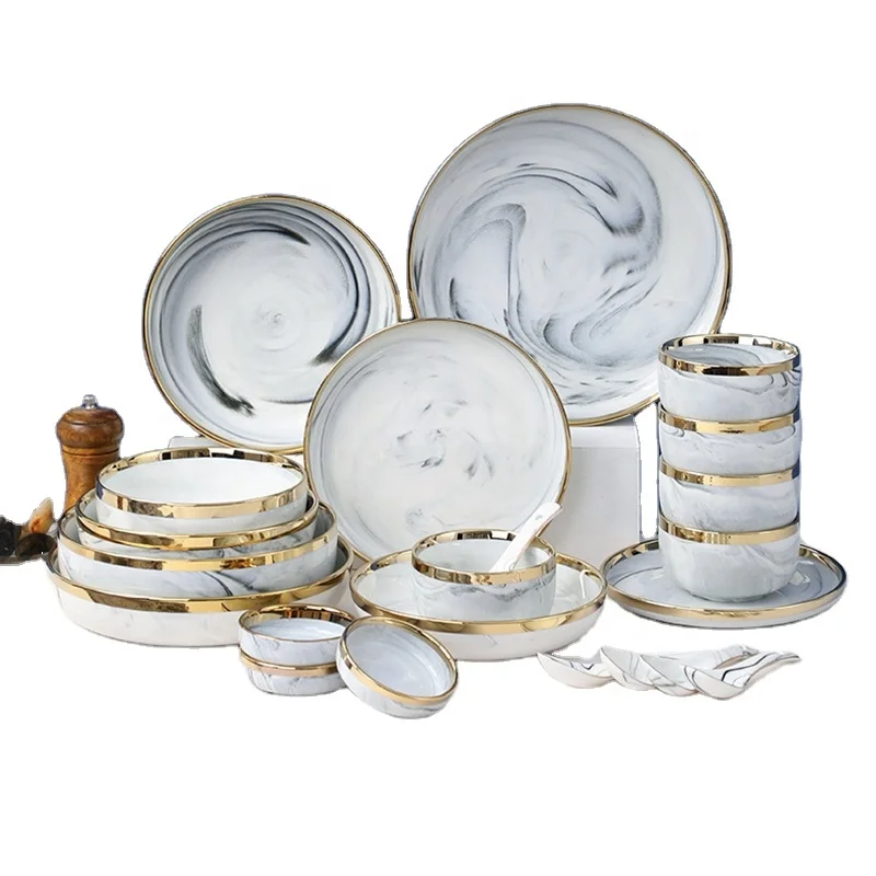 European-style Phnom Penh Soup Bowl Creative Marble Pattern Dinnerware Sets Ceramic Dishes and Plate Combination Tableware