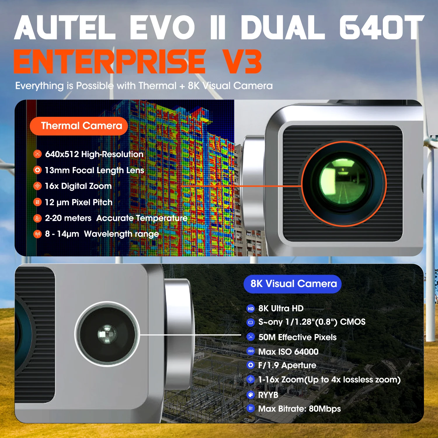 Autel Robotics EVO 2 II Dual 640T Enterprise V3 Professional Commercial Dron 10KM Long Range RC Thermal 4K Camera Drone