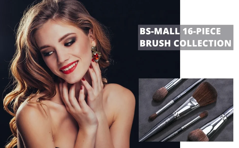 BS-MALL Black Makeup Brushes Kits 16PCS Unique Wooden Handle Custom Made Makeup Cosmetic Brushes Private Label