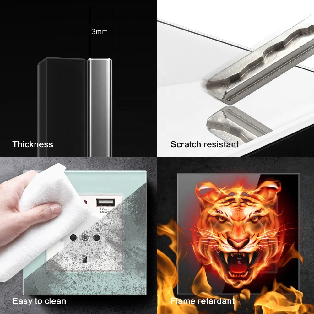 Tempered glass double UK 13A electric wall LED switch socket