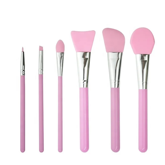 Dongmei Manufacture Durable Easy to Clean Pink Silicone Brush Set Mask Brush Wooden Handle Makeup Brush Set