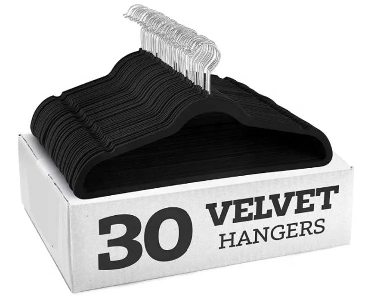 Wholesale 30 Pack Non slip Flocking Hanger Premium Space Saving Black Velvet Clothes Hangers