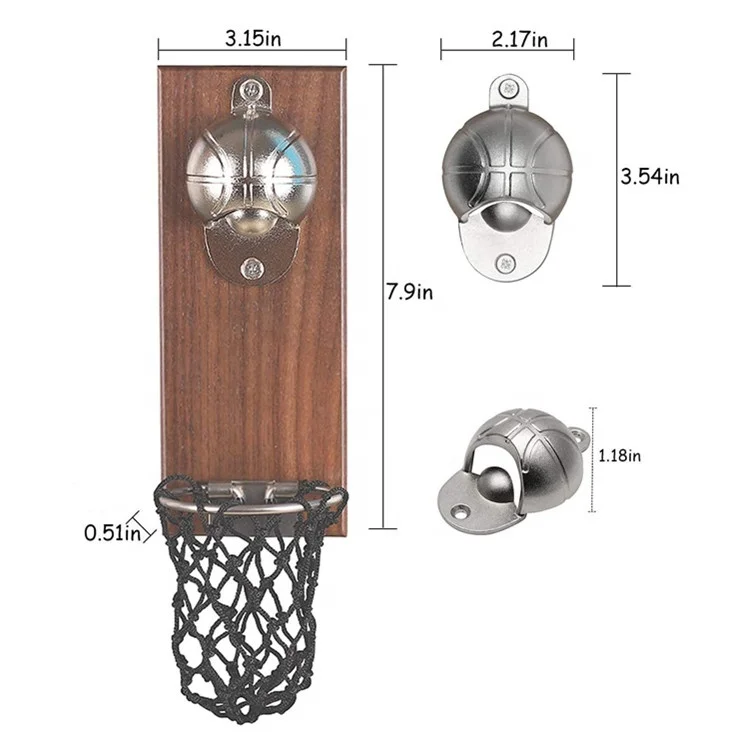 Wooden wall mounted magnetic basketball bottle opener for collector catcher