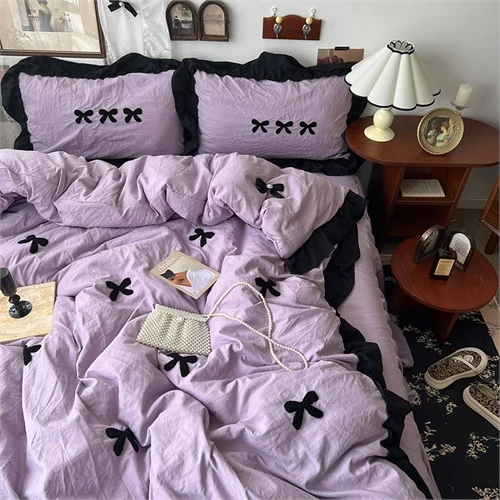 French Style Lace Bow Towel Embroidery Solid Color Washed Cotton Four Piece Set Bedding Set