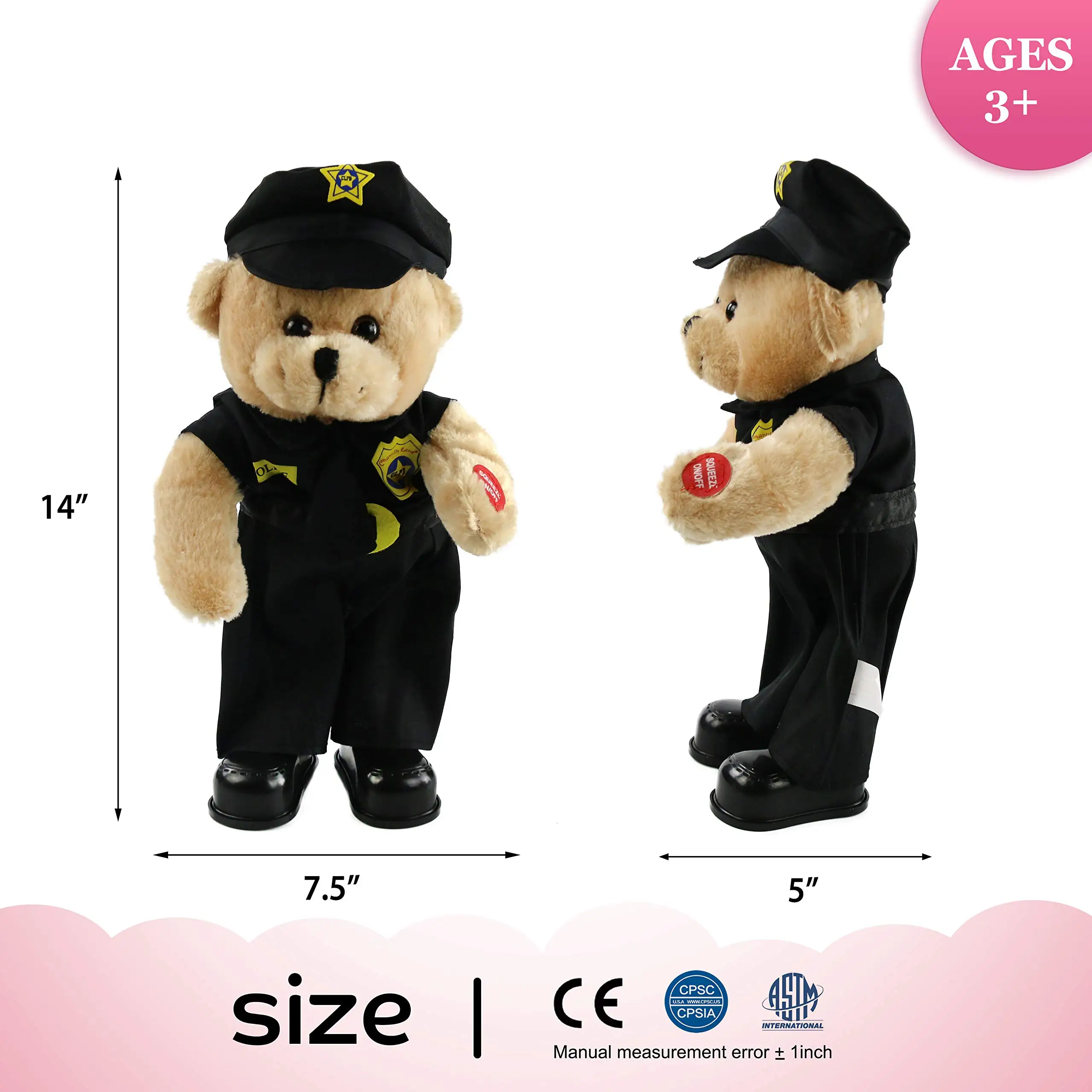 Singing Police Teddy Bear Dancing Plush Bear Toy Musical Stuffed Animal in Justicial Uniform Interactive Animated Gifts