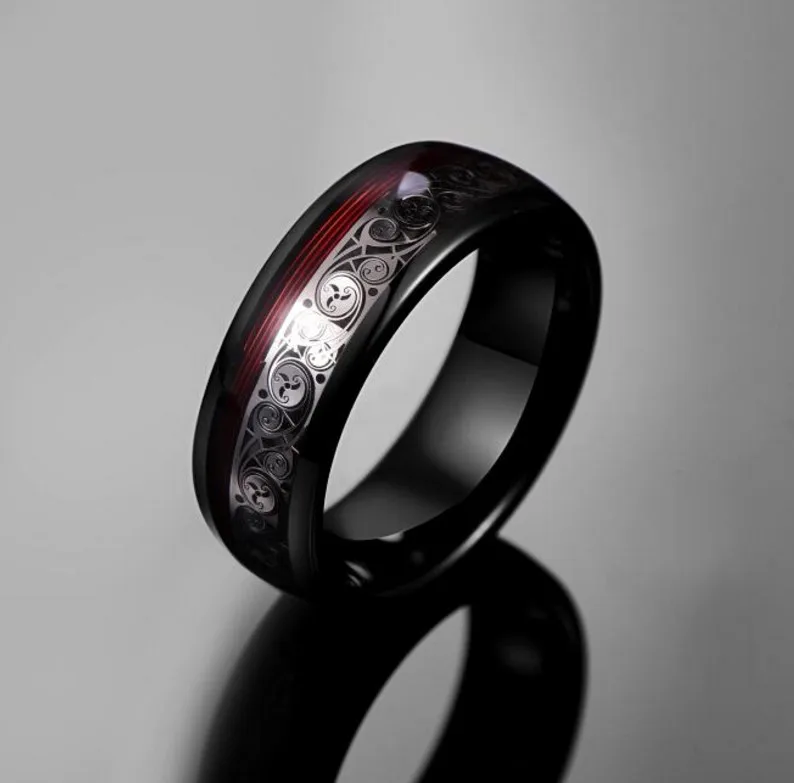 8 mm Tungsten Steel Ring with Guitar String Wood Grain Inlaid Ring Electroplated Black Mens Tungsten Steel Rings