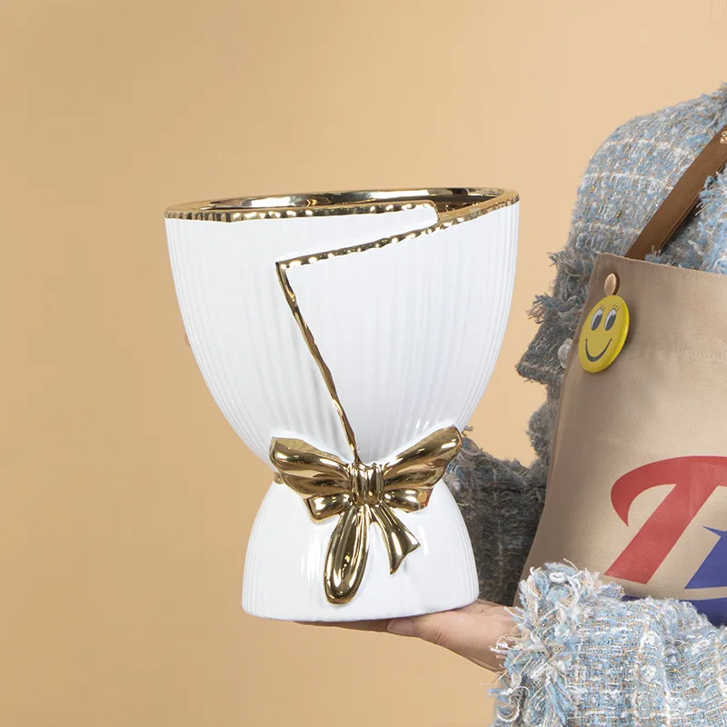 Custom Indoor Home Decor Gold Plated Bouquet Shape Ceramic Planter Plant Flower Succulent Cactus Pots