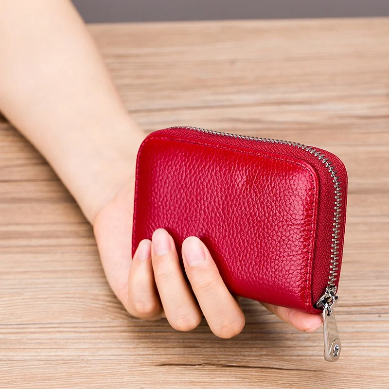 Compact Size Genuine leather KeyChain Credit Card Wallet Zipper Card Cases Holder for Men Women with RFID Blocking 12/24 Slots