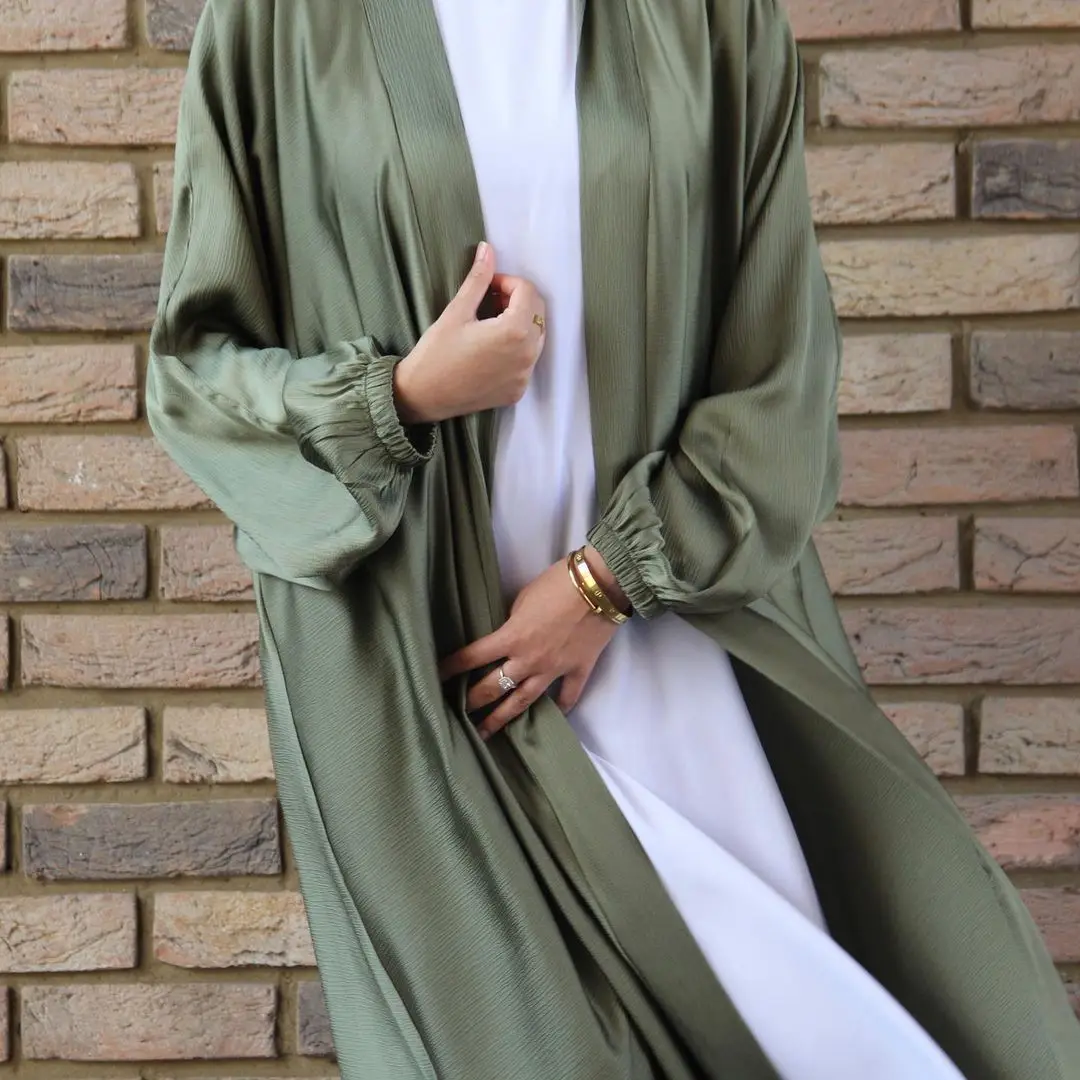 Eid Women Abaya Dubai Soft Solid Puff Sleeves Muslim Dress Silky Kaftan Dubai Turkey Muslim Robe Islamic Clothing Cardigan