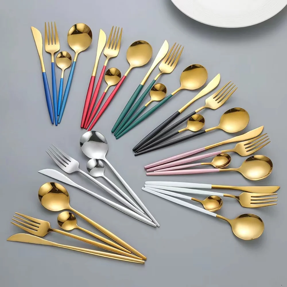 Wholesale Gold Plated Flatware Restaurant Luxury Spoon 24pcs Custom Portuguese Stainless Steel Gold Cutlery Set For Wedding