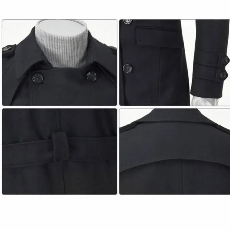 Fashion Men Long Casual Coat Wool Trench Coat Turn-down Collar Loose Overcoat