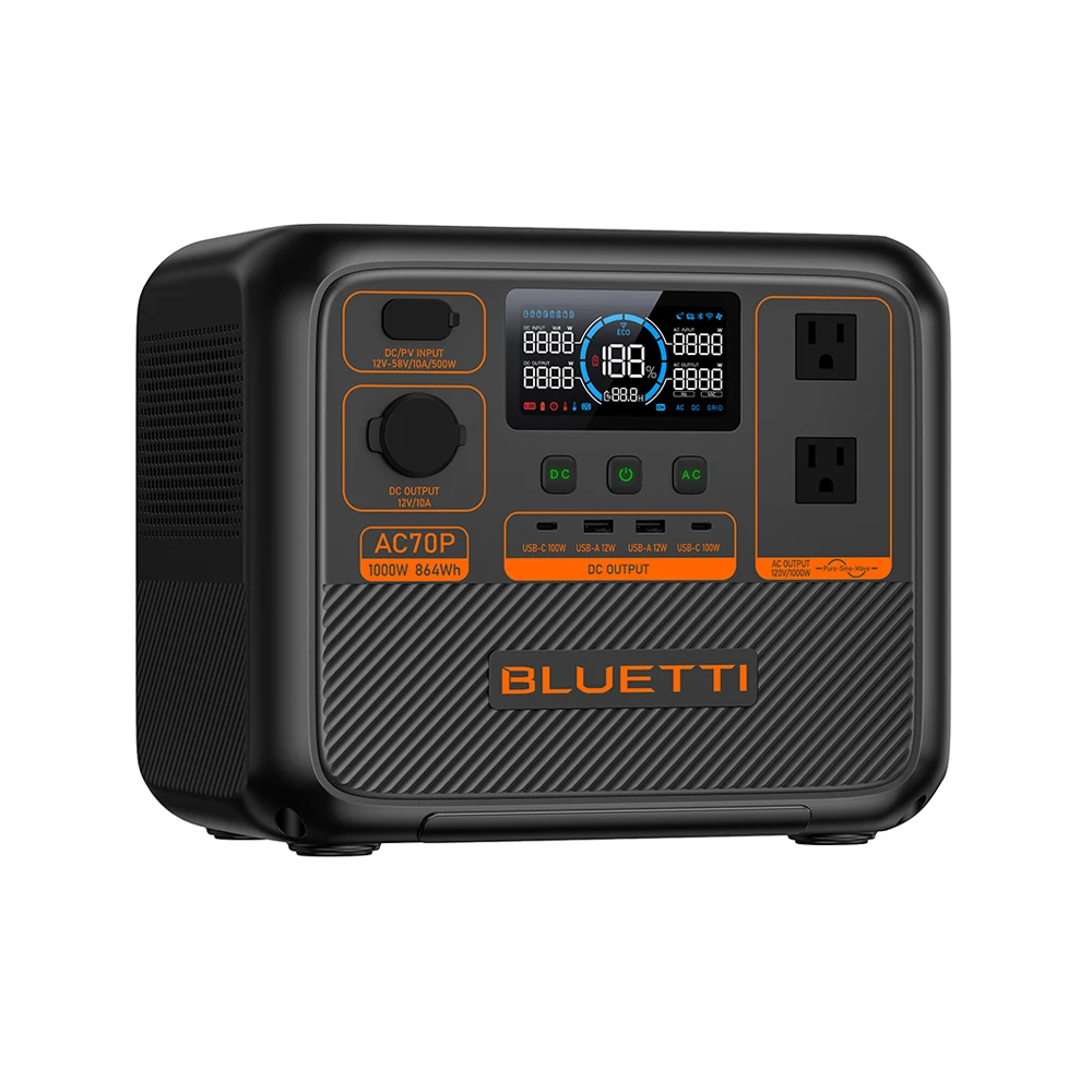 Bluetti AC70P Off Grid Solar Generator Portable Lithium Battery Generator 1000W 864Wh Power Bank
