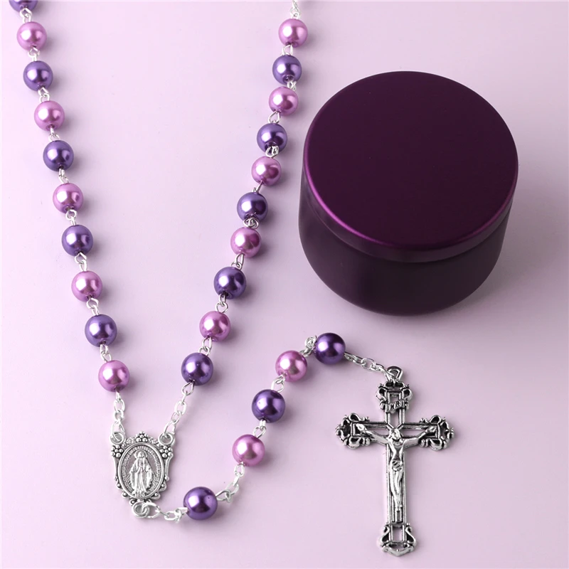 8mm Pink and Purple Glass Pearl Beads Catholic Rosary with Gift Box Factory Custom Religious Items Jewelry Necklaces