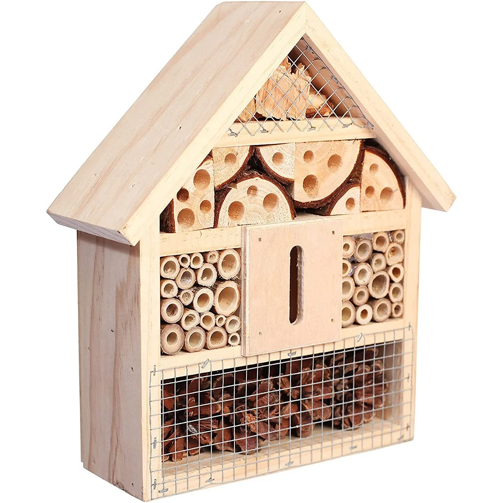 Custom Solid Wood Bee House Eco-frienldly Natural House Shape Wooden Insect Hotel Bee Bug House/Hotel (Red)