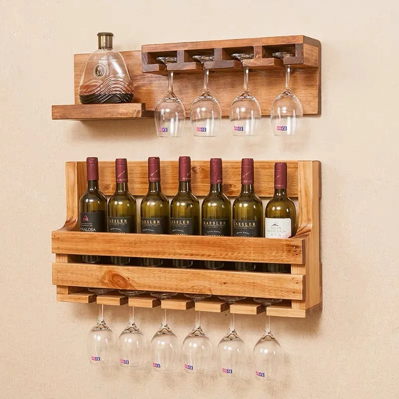 Factory Sale Pine Wood Color Wall-Mounted Wine Shelf Bamboo Bottle Wooden Glass Holder
