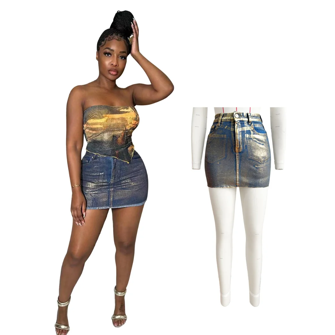 Ladies High Waist Button Pocket Slim Sexy Hip Wrap Metallic Color Denim Mini Skirt Summer Casual Plus Size Jeans Skirt For Women