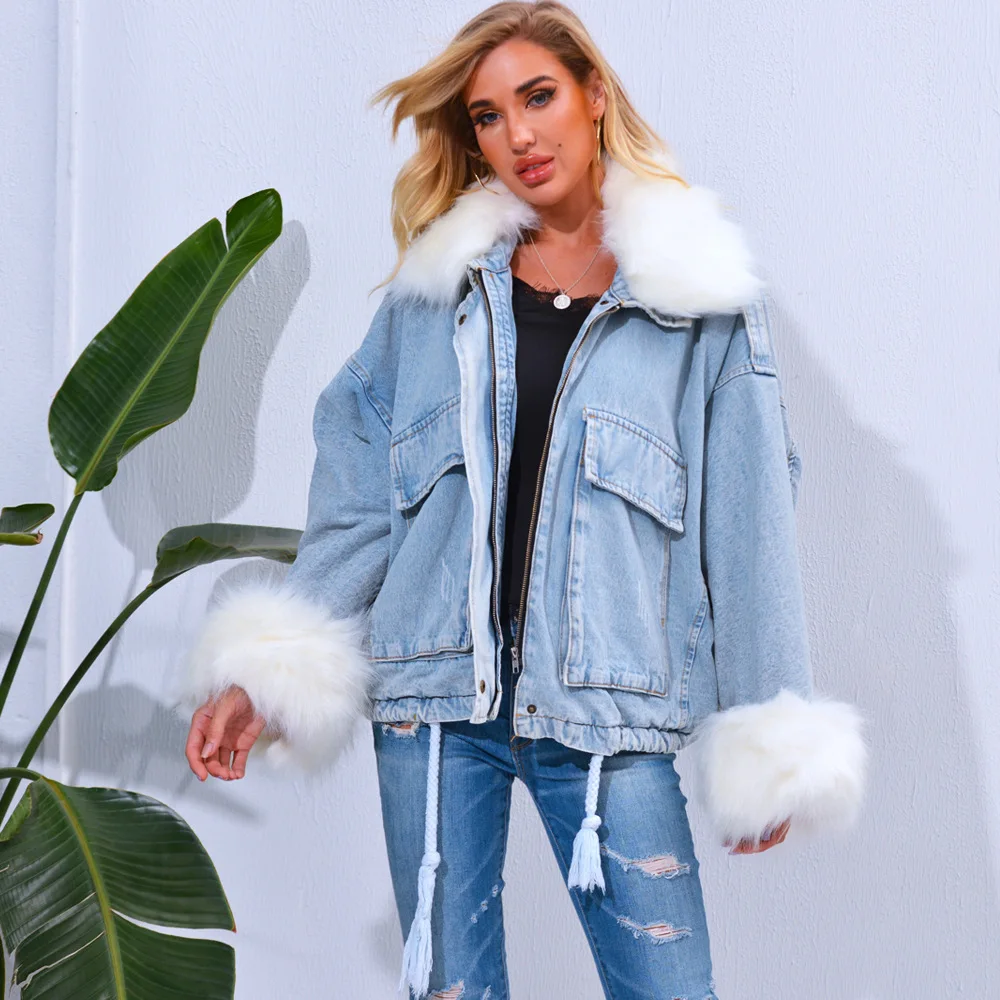 Hot Selling Jeans Fur Jacket Oversize Bat Sleeve Denim Women Parka Fur Removable Genuine Fox Fur Collar Parka