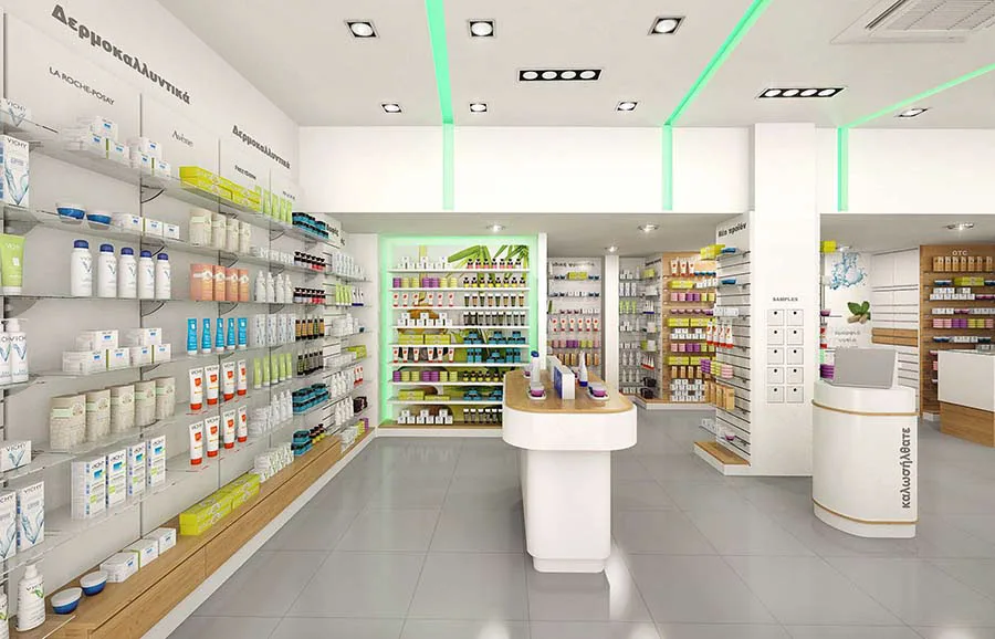 Custom Drugstore Pharmacy Medical Store Interior Decoration Pharmacy Shop Counter Furniture Wood Pharmacy Shelves