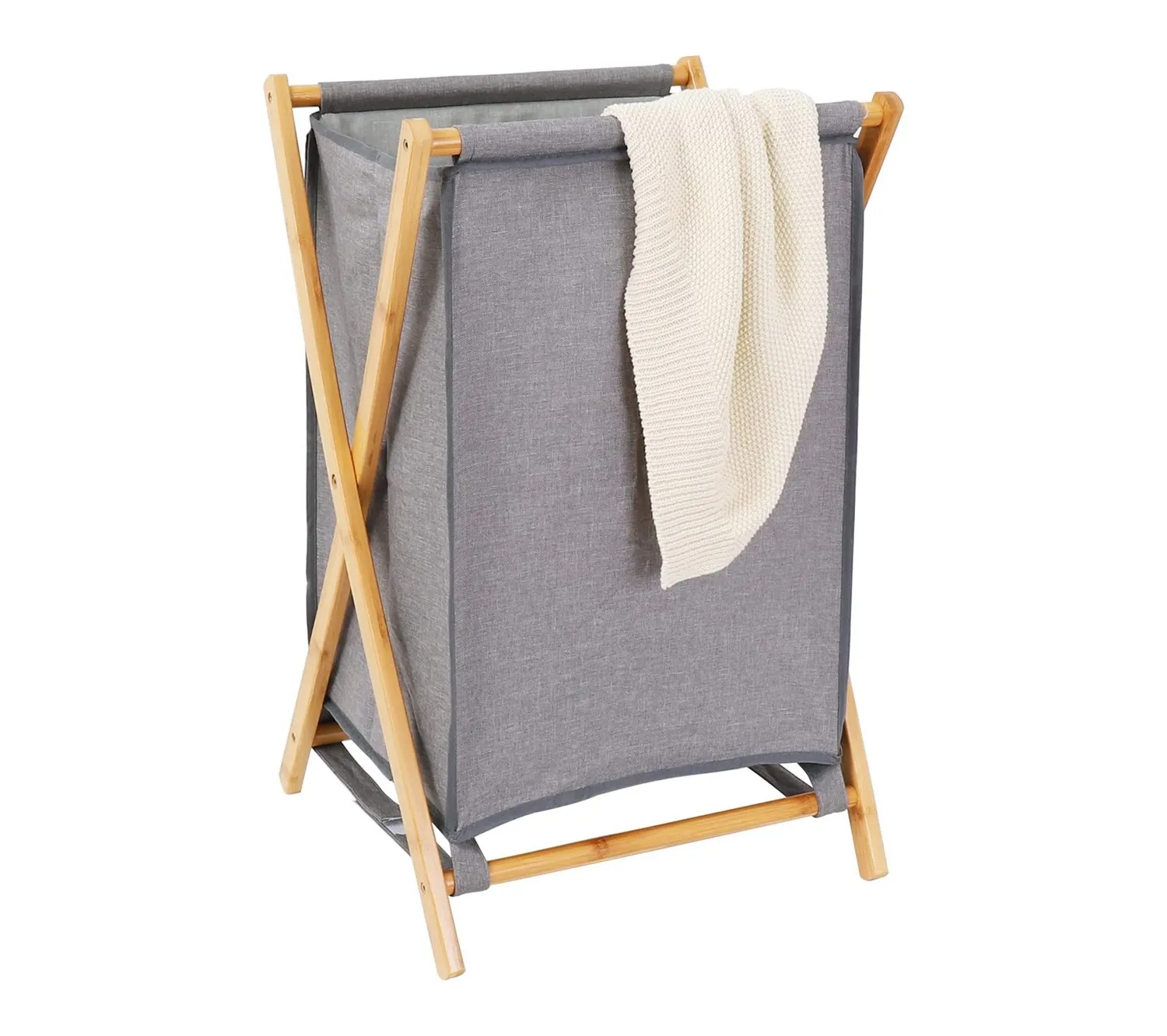 Foldable Bamboo Gray Durable Cloth Laundry Bags & Basket with Fixed Wood Rack Laundry Hamper with Lid
