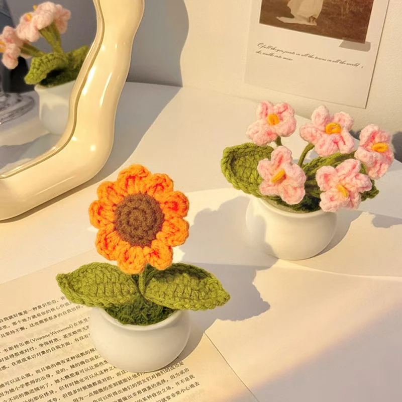 Handmade Knitted Crochet Potted Flower Mini Knit Potted Flowers Crochet Sunflower Crochet Plant Potted Valentines Gifts
