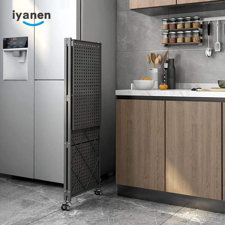Iyanen Free Installation 5 Layer Foldable Kitchen Shelf With Wheel Mobile Floor Storage Metal Rack
