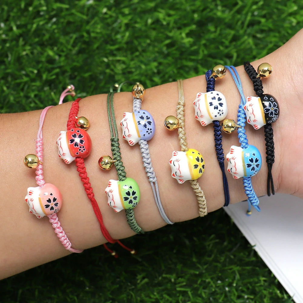 fashion trendy jewelry lucky maneki neko rope ceramic red lucky cat bracelet