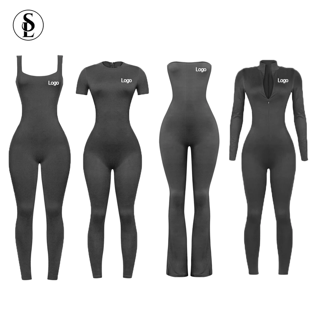 Custom LOGO Modest Workout Spandex Bodycon Rompers Women Jumpsuits Sexy One Piece Yoga Fitness Flare Jumpsuit For Women
