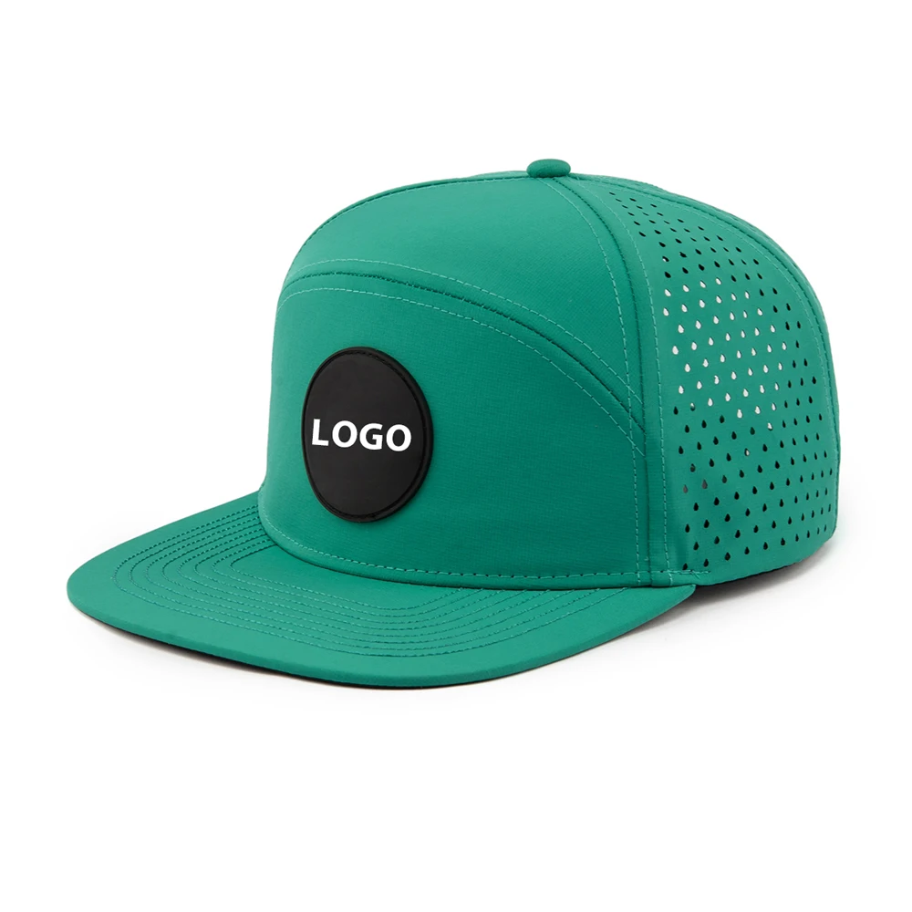 Custom Men Sports 6 7 Panel Performance Golf Hats Rubber PVC Logo Laser Cut Hole Perforated Hat Waterproof Rope Snapback Cap