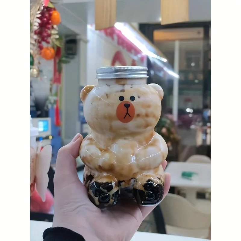 Factory Sell Pet Cartoon Juice Bottle Bear Shape Plastic Juice Bottle Beverage Bottle With Lid