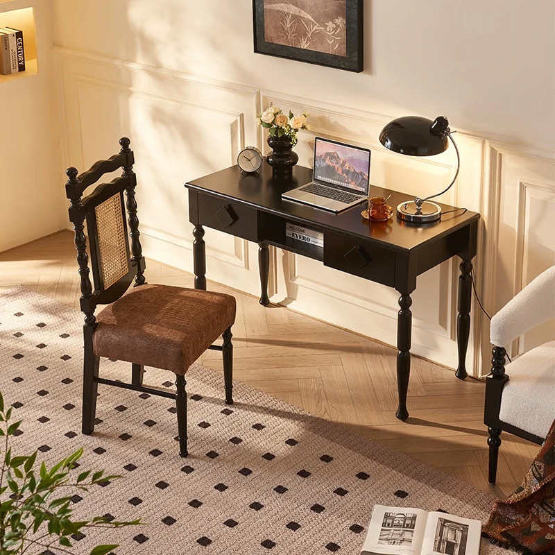 Scandinavian Modern Luxury High-End Casual Home Bedroom Makeup Table Chair Combination LED Solid Rattan Wood Dressing Table