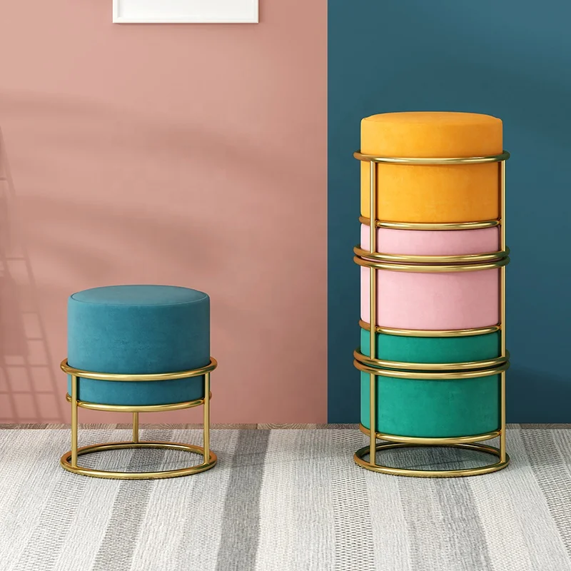 Living Room Modern Footstool RTS Adjustable Height Round Stool Velvet Color Customizable Ottoman Stool With Metal Legs