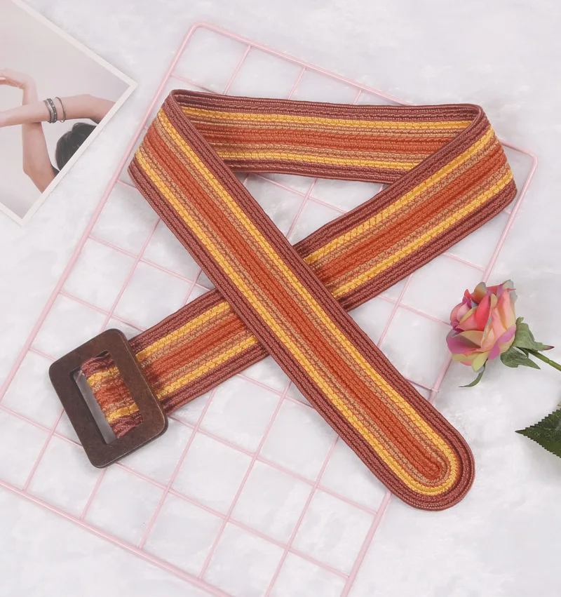 Tourism resort ethnic wind Bohemia patchwork color personality mixed big wood buckle adjustable wide waist sealing belt