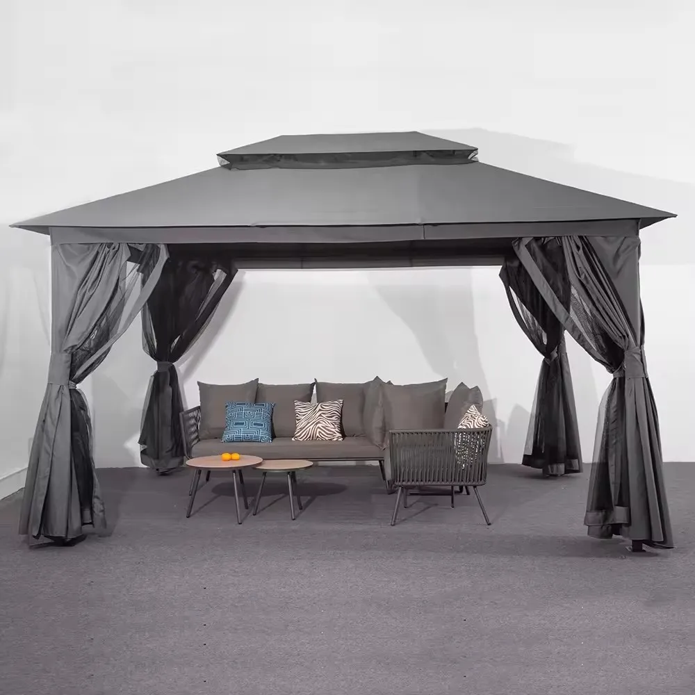 Aluminum Gazebo Party Tent Permanent Pavilion Sunshade Pergola with Decorative Frame Curtain and Mosquito Netting