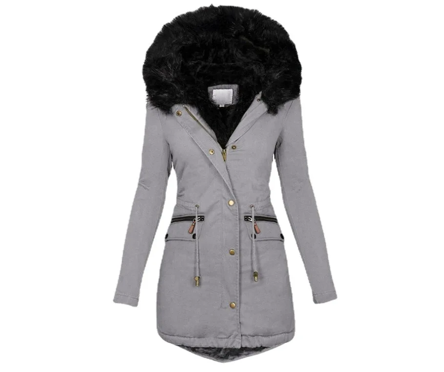 High Quality  2021 Winter Women Pure Color Fur Collar Hooded Medium Length Warm Cotton Padded With Pockets