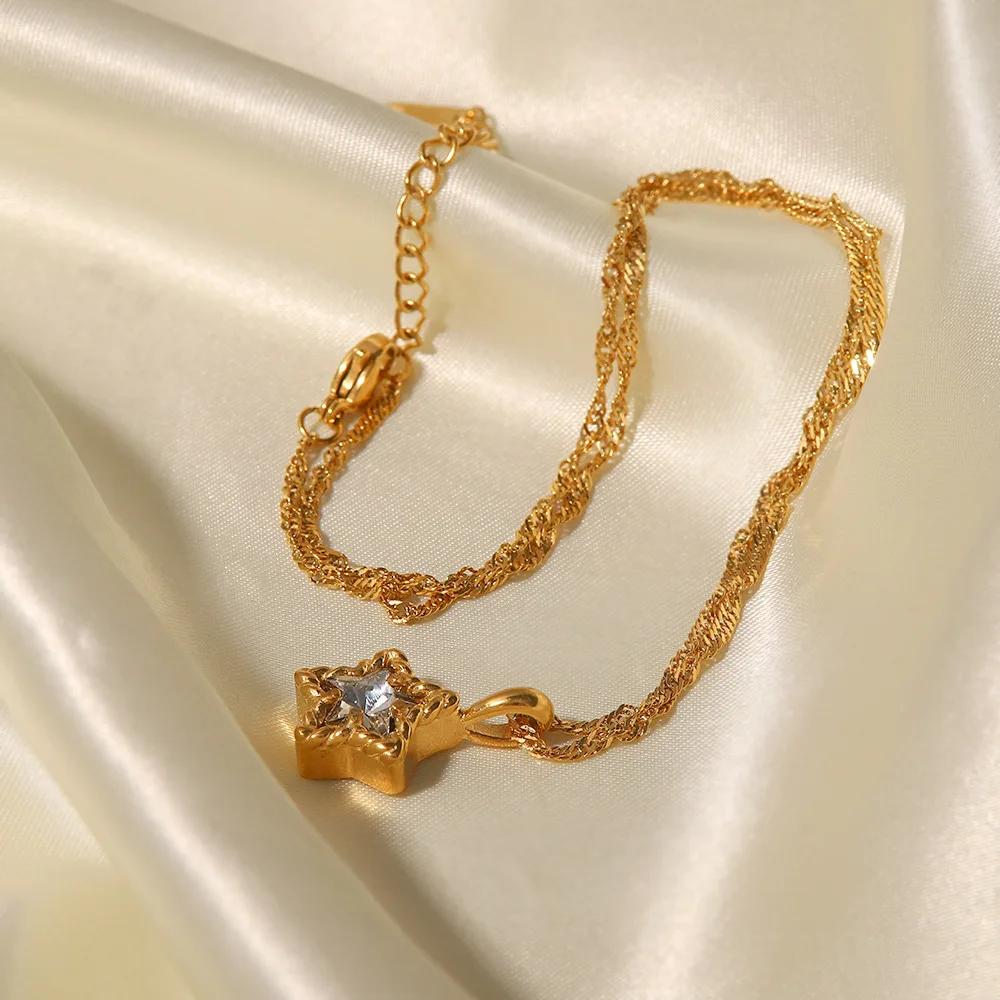 Chic 18K Gold Plated Stainless Steel Ripple Chain White Green Clear Cubic Zircon Star Pendant Necklace for Girls