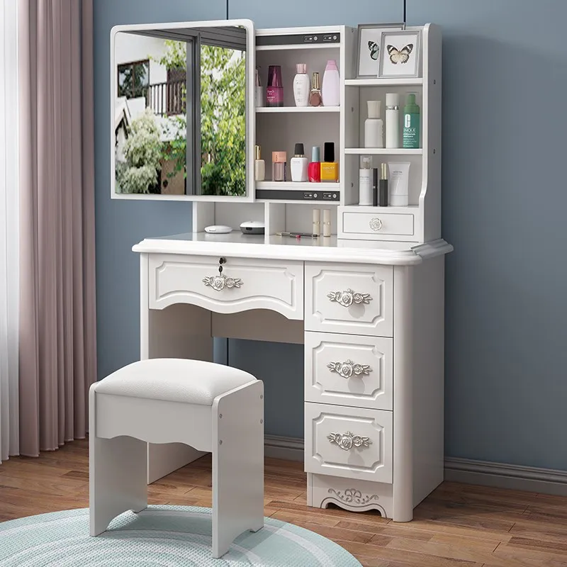 
MDF Cherry Mirrored Dressing Table with LED sliding Mirror 