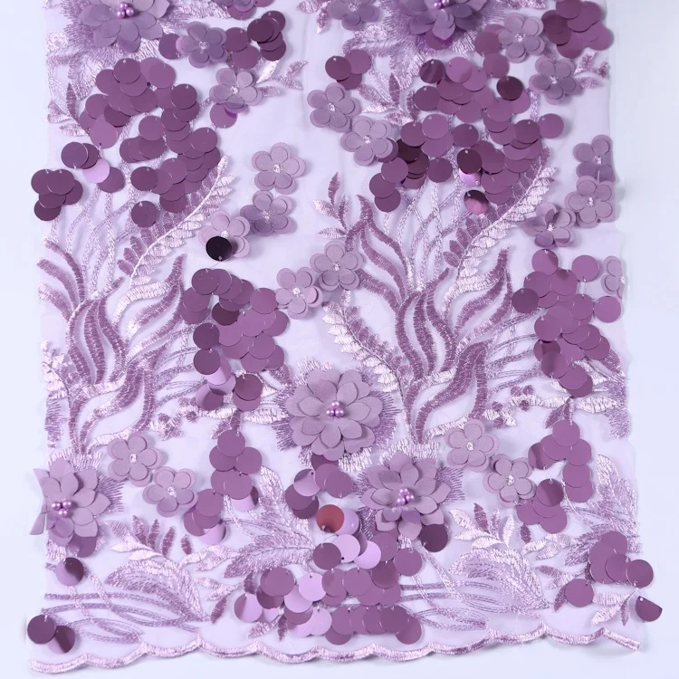 Elegant Applique Lace Purple 3D Beaded Sequin Embroidery Transparent Mesh Fabric