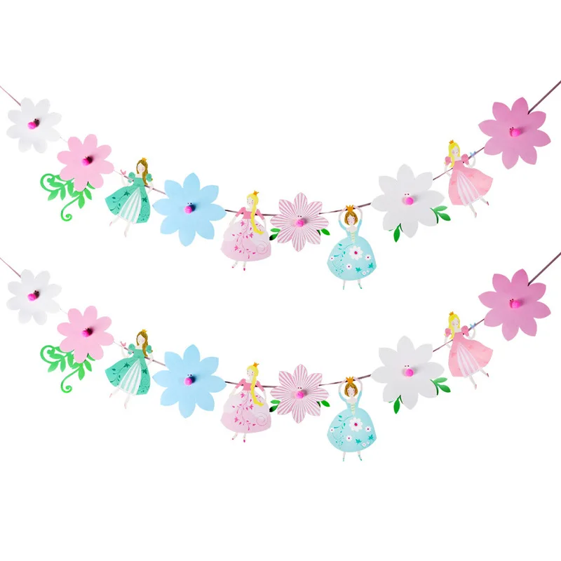 Cartoon Princess Themed Birthday Party Decoration Backdrop Fair Tales Flower Princess Pattern Paper Hanging Banner