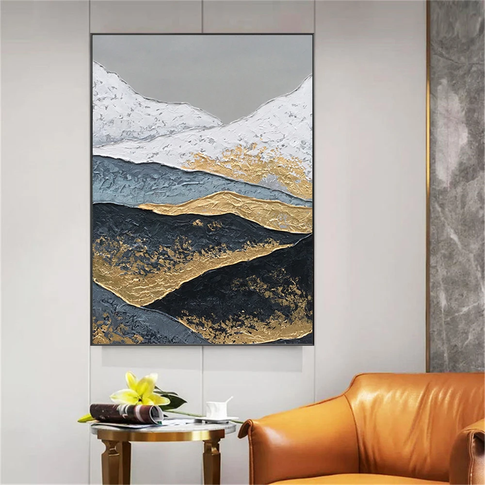 Oil Hand Painted Picture Black and White Artwork Obsidian Mountain  Snow  abstract canvas oil painting  gold for profesional
