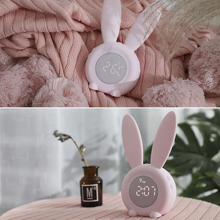 Electronic LED Display Bunny Ear Cute Rabbit Night Lamp LED Digital Alarm Clock