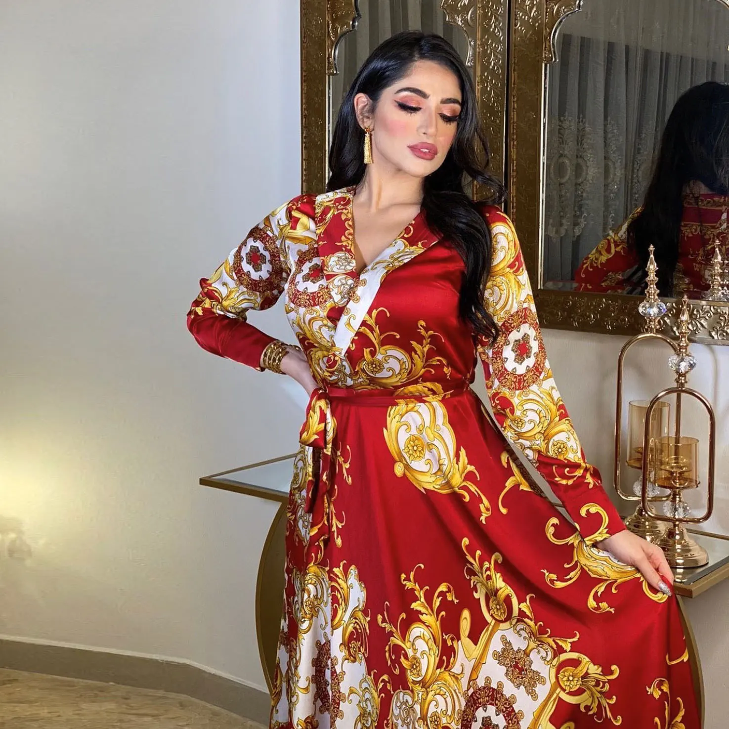 Middle East Abaya Women Muslim Dress Elegant Floral Printing Evening Dresses Long Sleeves Maxi Dress Ladies Abaya Dubai