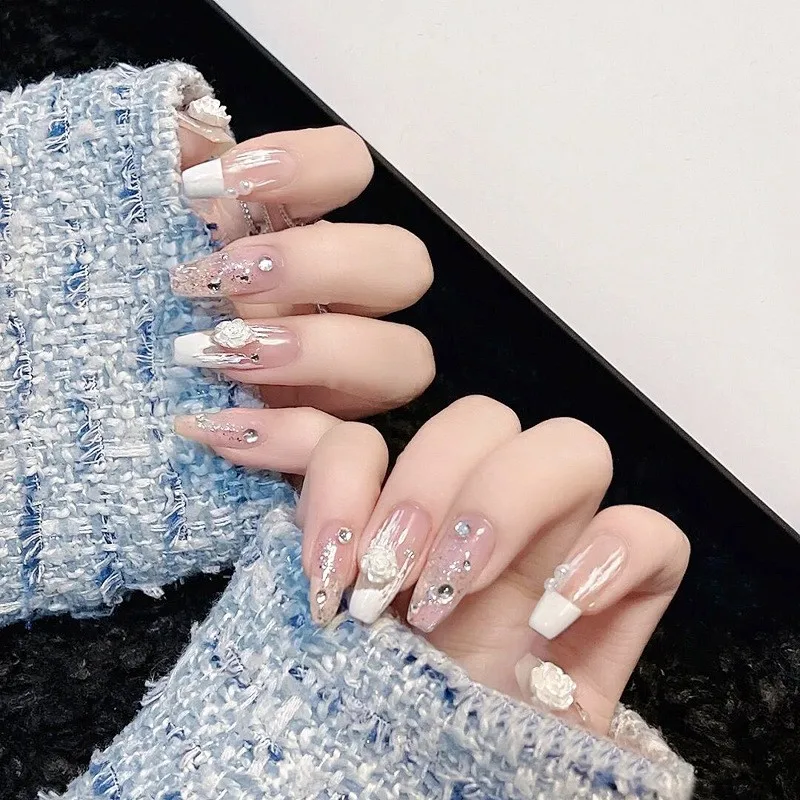 Y41 wholesale 3D honey flower fake nails tips artifical fingernail tips pearl flash powder press on nail custom back glue nails