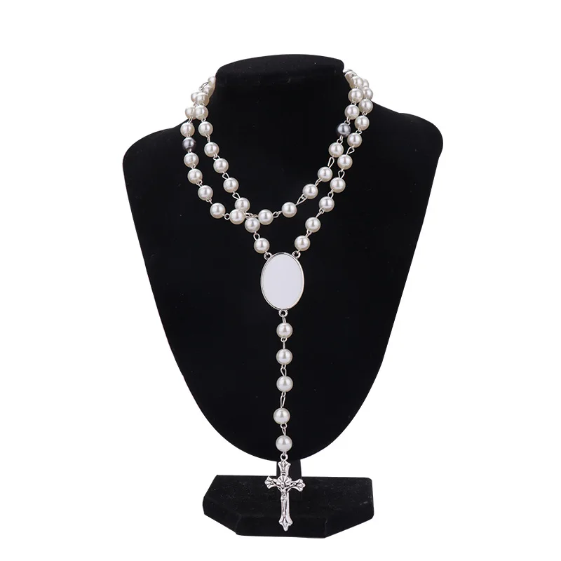 white sublimation blank pearl rosary necklace with aluminum sheet for sublimation Jewelry Cross Pendant With clear box packing